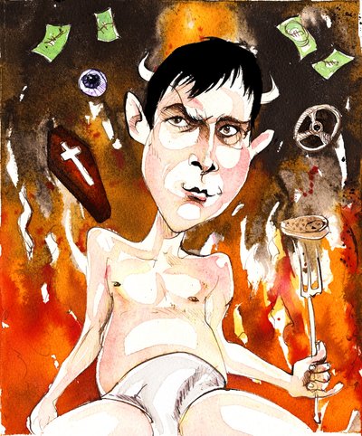 Joe Orton, English author and playwright; caricature with reference to his plays Entertaining Mr Sloane and Loot by Neale Osborne